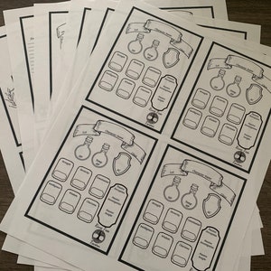 May include: A stack of white printed sheets featuring a black and white character sheet design. Each sheet includes spaces for character name, stats, and other game-related information. The sheets are designed for role-playing games.
