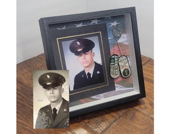 Military Veterans Memorial Photo Restorations / Dogtags Gift Shadow Box- Veteran's Day Keepsake