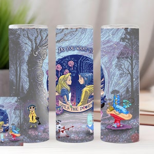May include: A set of three tall, insulated tumblers with a fantasy theme. The design features characters and scenes from a story, with text that reads "Do you want to open the door?" and "Alice Wonderland". The tumblers are decorated with a whimsical forest scene.