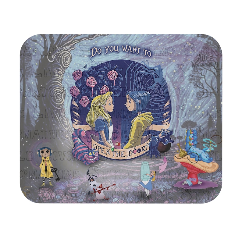 May include: A rectangular tray with a fantasy illustration featuring characters from Alice in Wonderland and Coraline. The image includes the text "Do you want to open the door?" and various other characters and elements from the stories.