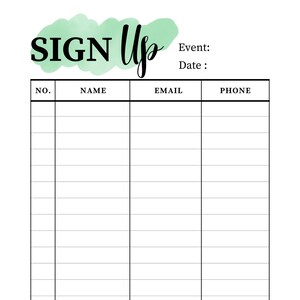 Printable Sign Up Template, Sign Up Form, Event Sign Up Sheet, Sign Up List, Party Sign Up
