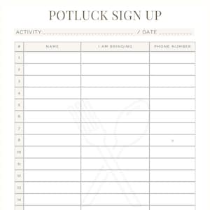 Könnte beinhalten: Ein leeres Potluck-Anmeldeformular mit Spalten für Nummer, Name, was Sie mitbringen, und Telefonnummer. Das Formular hat 20 Zeilen.