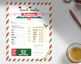 May include: A printable Secret Santa questionnaire with a festive Christmas theme. The questionnaire asks for some of your favourite things, including snacks, colours, hobbies, restaurants, movies, stores, and scents. It also asks for your preferences on home decor, jewellery, clothing, nature, music, and art. There is a section for other things you love and things you don't like.