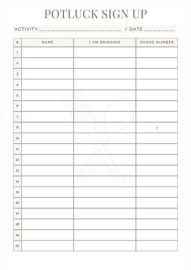 Sign Up Rows Potluck Sign up Sheet, Minimalist Sign up Sheet - Etsy