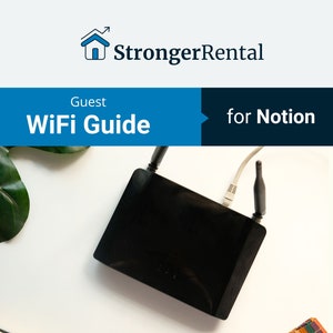 May include: A black WiFi router with a white cable connected to it. The router is on a white surface with a green leaf and a notebook to the left and right of it. The text "Guest WiFi Guide for Notion" is displayed above the router.