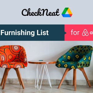 May include: Two chairs with colorful patterned fabric upholstery and wooden legs, a small round wooden table with a white metal base, and a white wall with the text "Furnishing List for airbnb" in black and red.