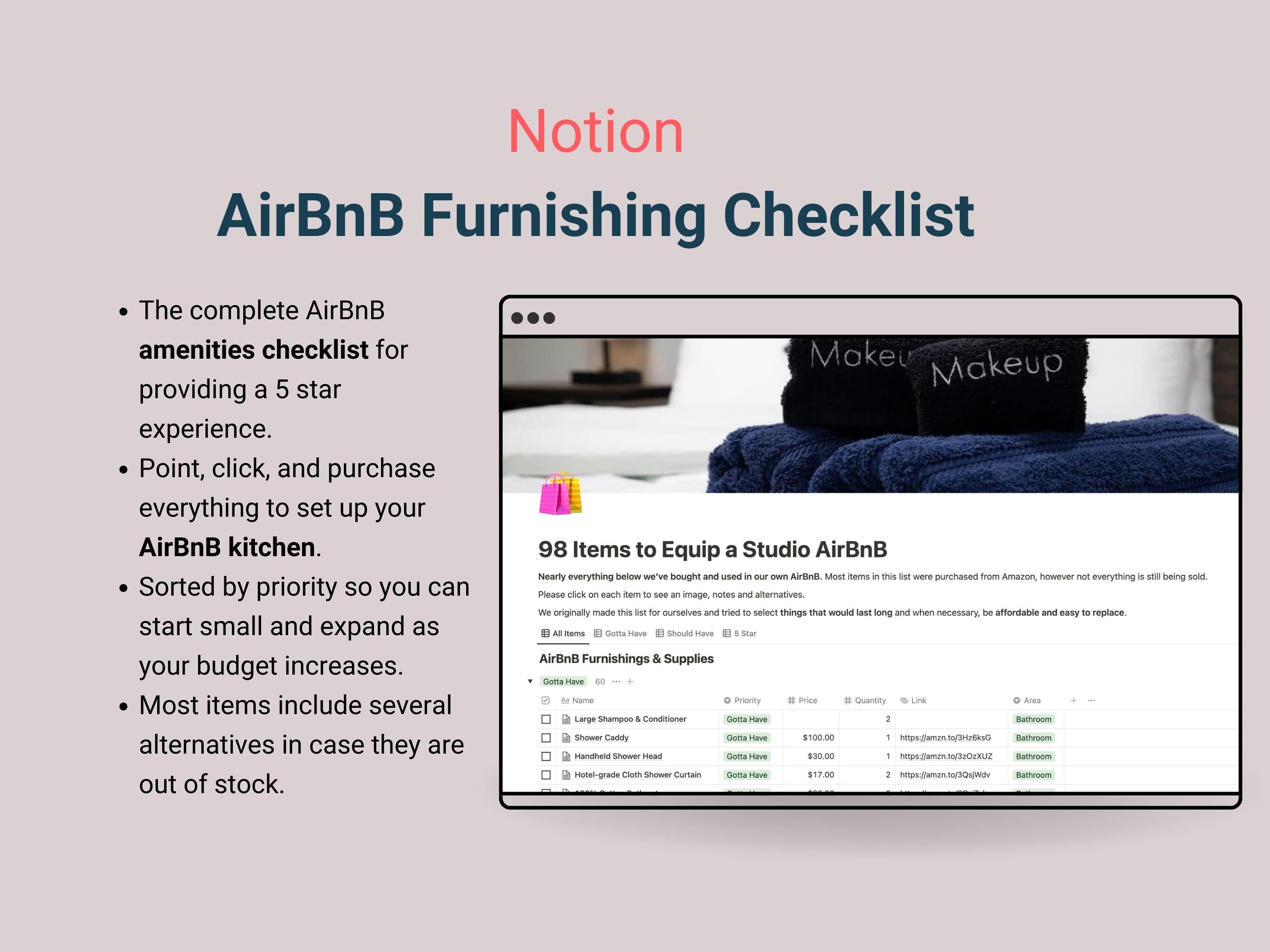 Airbnb Furnishing List Notion Template Amenities Checklist Etsy