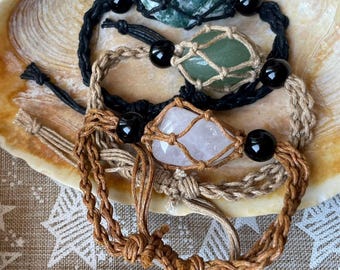 Woven Macrame Crystal Basket Net Adjustable Length Bracelets w/ tumbled crystal stone included- Black and Cream, Brown & Khaki Colored