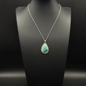 15 Ct Teardrop Natural Spiderweb Turquoise and Sterling Silver pendant necklace