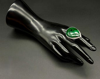 62.7 Carat Teardrop Cut Natural Bull's Eye Malachite and Sterling Silver Ring