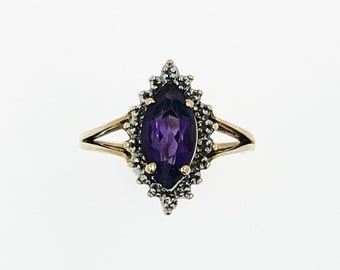 Royal Marquise Amethyst Diamond Chip Halo Ring In 10k Yellow Gold