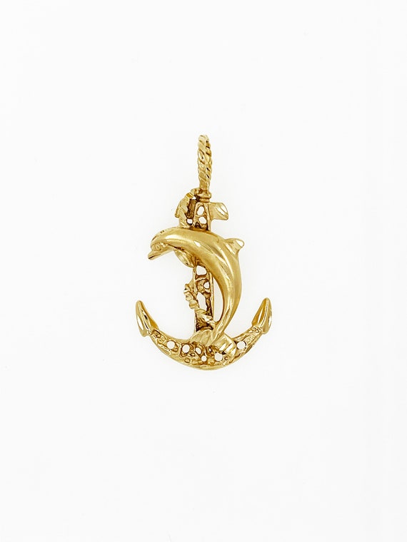 Vintage Nautical Anchor & Dolphin Pendant in 14k Y