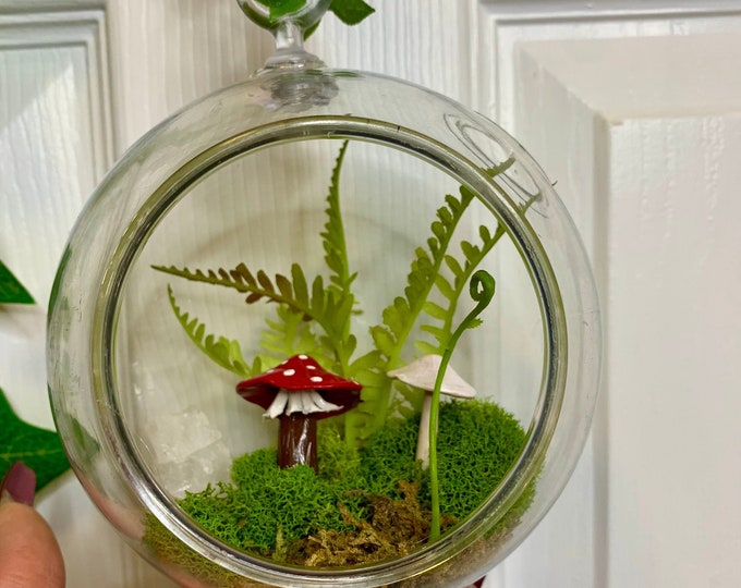 Mossy Mushroom Terrarium Crystal Hanging Decor Handmade | Unique decor | Plant Decor