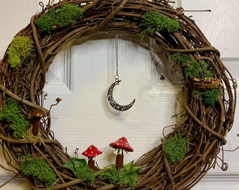 Mossy Mushroom Crescent Wreath | Handmade | Fairy | Unique Decor | Moon | Cottagecore