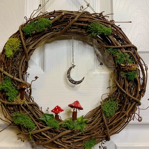 Mossy Mushroom Crescent Wreath | Handmade | Fairy | Unique Decor | Moon | Cottagecore