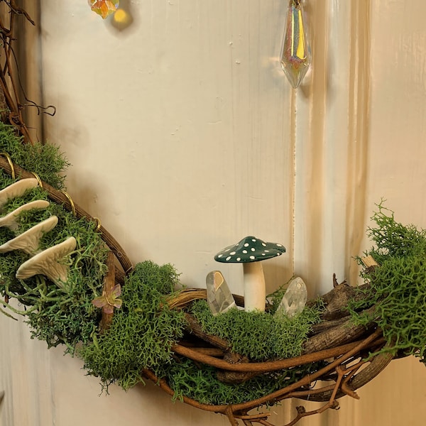 Suncatching Mossy Mushroom Wreath | Handmade Cottagecore Wall Decor