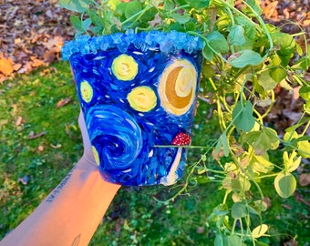 Starry Night Hand Painted Mushroom Crystal Plant Pot | Unique Decor | Flower Pot | Van Gogh | Indoor Outdoor Planter