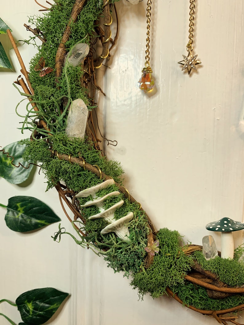 Suncatching Mossy Mushroom Wreath Handmade Cottagecore Wall Decor image 4