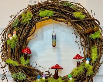 Chakra Mossy Mushroom Wreath | Unique Handmade Mushroom Wall Decor | Easter Door Wreath