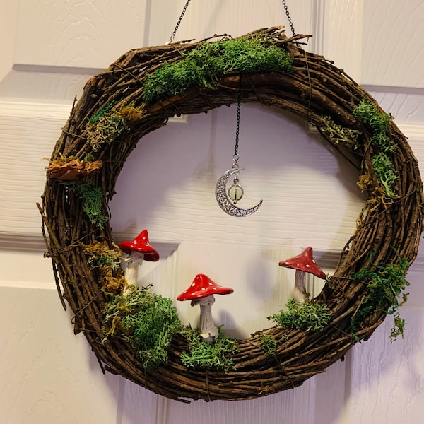 Glow in the dark Mushroom Crescent Moon Wreath | Mossy Wreath | Cottagecore | Unique Decor | Witchy