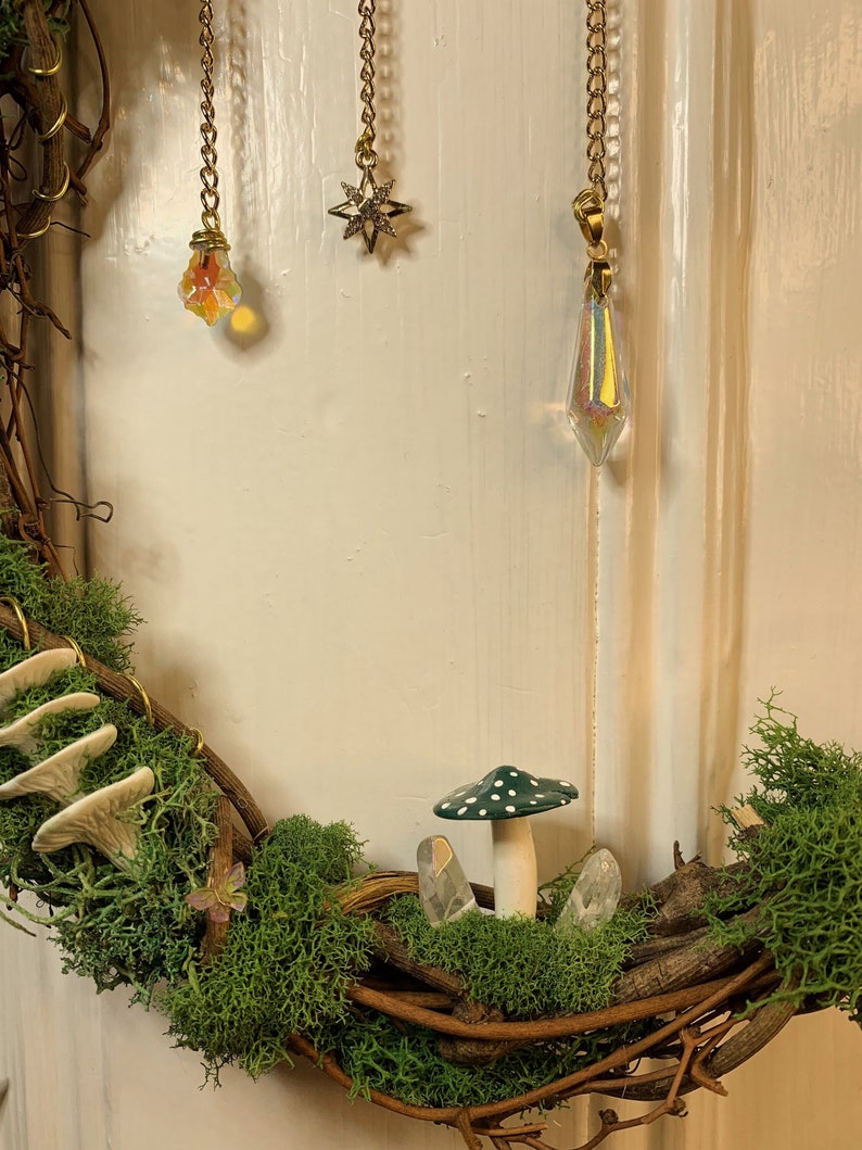 Suncatching Mossy Mushroom Wreath Handmade Cottagecore Wall Decor image 1