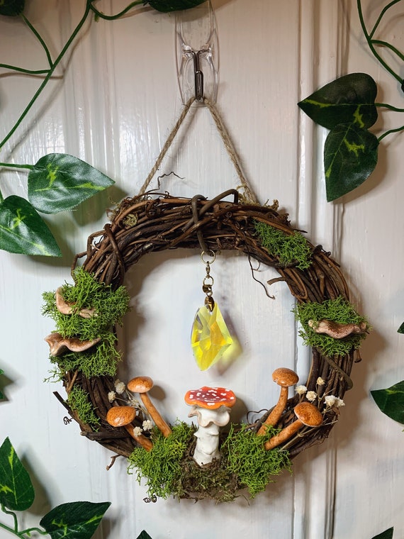 Mossy Crystal Mushroom Fairy Wreath | Unique Decor | Cottagecore | Handmade Wall decor