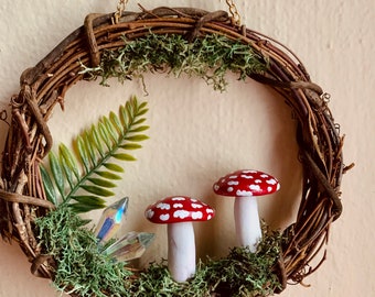 Mossy Mushroom Forest Crystal Wreath Handmade | Unique Decor | Fairy Portal