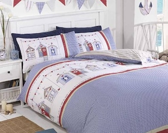 Beach Huts Single Size. These Beach Hut duvet covers have a retro nautical theme that brings back memories of British beach holidays.