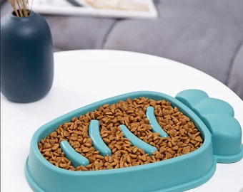 Free Mainland UK Delivery. Carrot Shaped Slow Feeding Anti Gulp Pet Bowl. Blue.