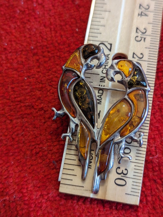 Sterling Silver, Amber/Resin Parrots Brooch
