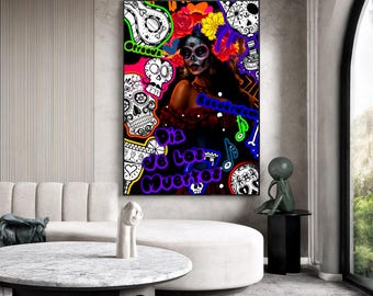 Día de los Muertos Celebration Stretched Canvas Art – Day of the Dead Stretched Wall Hanging - Art Decor - Arte
