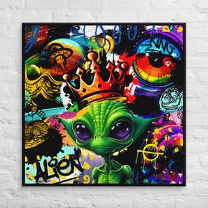 Cosmic Alien King Graffiti Street Art Modern Canvas - Galaxy Urban Wall Art - Neon Wall Art - Modern Urban 3D Art Canvas - Alien Artwork