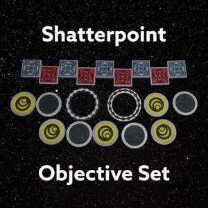 May include: Shatterpoint Objective Set game pieces. The set includes 10 round tokens with black and white designs, and 8 square tokens with red, blue, and white designs. The tokens are on a black background with white stars.