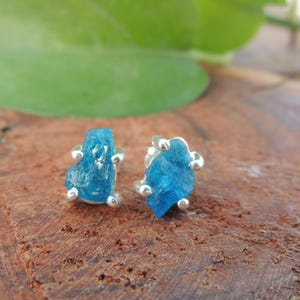 Raw Neon Apatite Stud, Neon Apatite Earrings For Women, 925 Sterling Silver Studs, Apatite Studs, Prong Set Studs, Christmas Gift Idea