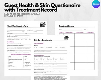 Guest Health & Skin Questionnaire with Treatment Record Form Estheticians Technicians Editable PDF Template