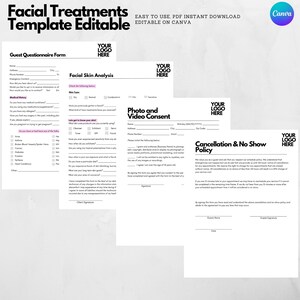 Facial Consultation Form Cancellation No Show Policy Photo and Video Consent Instant Download Editable