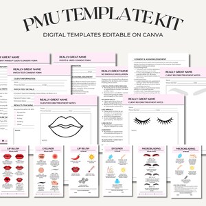 Paquete de formularios de micropigmentación (PMU) editables en Canva / Kit de consentimiento, cuidados posteriores, notas de tratamiento y políticas