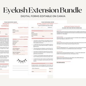Paquete de formularios para clientes de extensiones de pestañas / Exención de responsabilidad, Política de citas, Notas del tratamiento, Factura / Plantillas de Canva para esteticistas