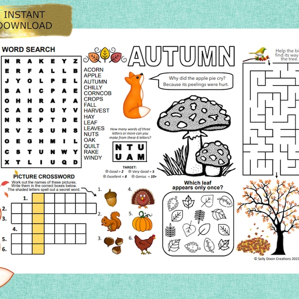 AUTUMN SEASON, Puzzle Placemat, PDF, crossword puzzles, Activity sheet, puzzle sheet, puzzle place mat, printable, print out, Fall, seasons