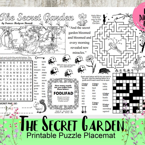The Secret Garden, Puzzle Placemat, crossword puzzles, Activity sheet, printable, PDF digital download, School resource