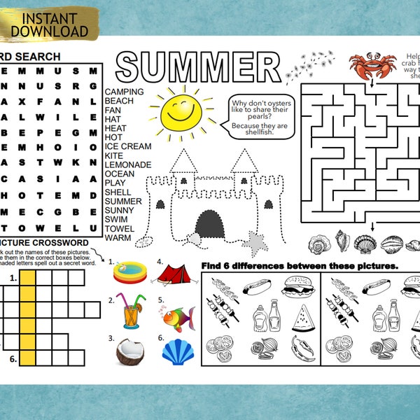 SUMMER SEASON, Puzzle Placemat, PDF, crossword puzzles, Activity sheet, puzzle sheet, puzzle place mat, printable, print out, seasons