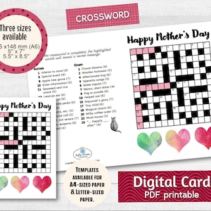 Tarjeta del día de la madre, tarjeta imprimible CROSSWORD, descarga digital PDF, tarjeta de felicitación del día de la madre, rompecabezas imprimible, rompecabezas de palabras cruzadas