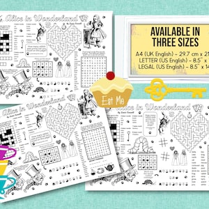 Op de afbeelding: Zwart-wit Alice in Wonderland-activiteitenbladen met kruiswoordraadsels, doolhoven en woordzoekers. Verkrijgbaar in drie formaten: A4 (29,7 cm x 21 cm), 8,5" x 11" en 8,5" x 14". Een gele sleutel en een cupcake met "Eat Me" zijn ook zichtbaar.