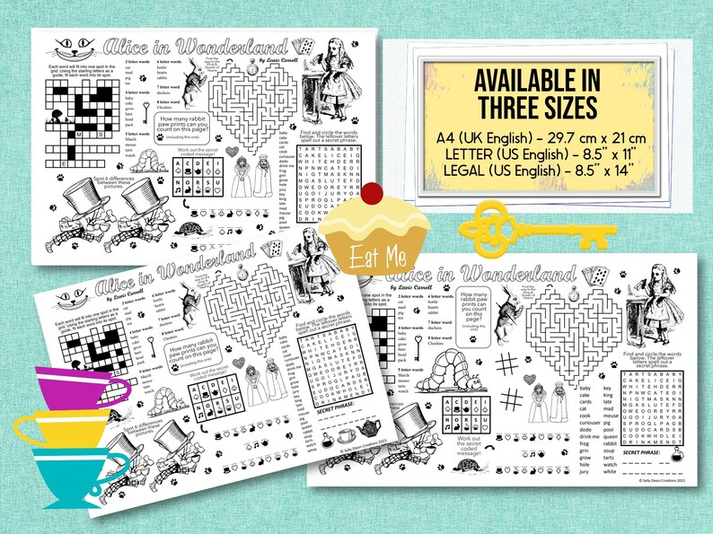 Op de afbeelding: Zwart-wit Alice in Wonderland-activiteitenbladen met kruiswoordraadsels, doolhoven en woordzoekers. Verkrijgbaar in drie formaten: A4 (29,7 cm x 21 cm), 8,5" x 11" en 8,5" x 14". Een gele sleutel en een cupcake met "Eat Me" zijn ook zichtbaar.