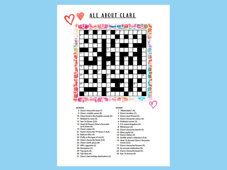 Printable CUSTOM CROSSWORD Puzzle, Digital, Birthday Gift, PDF