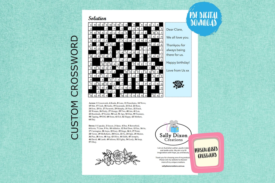 Printable CUSTOM CROSSWORD Puzzle, Birthday Gift, PDF, Crossword ...