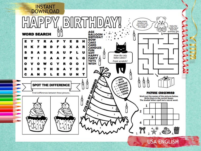 HAPPY BIRTHDAY, Puzzle Placemat, PDF, Crossword Puzzles, Activity Sheet ...