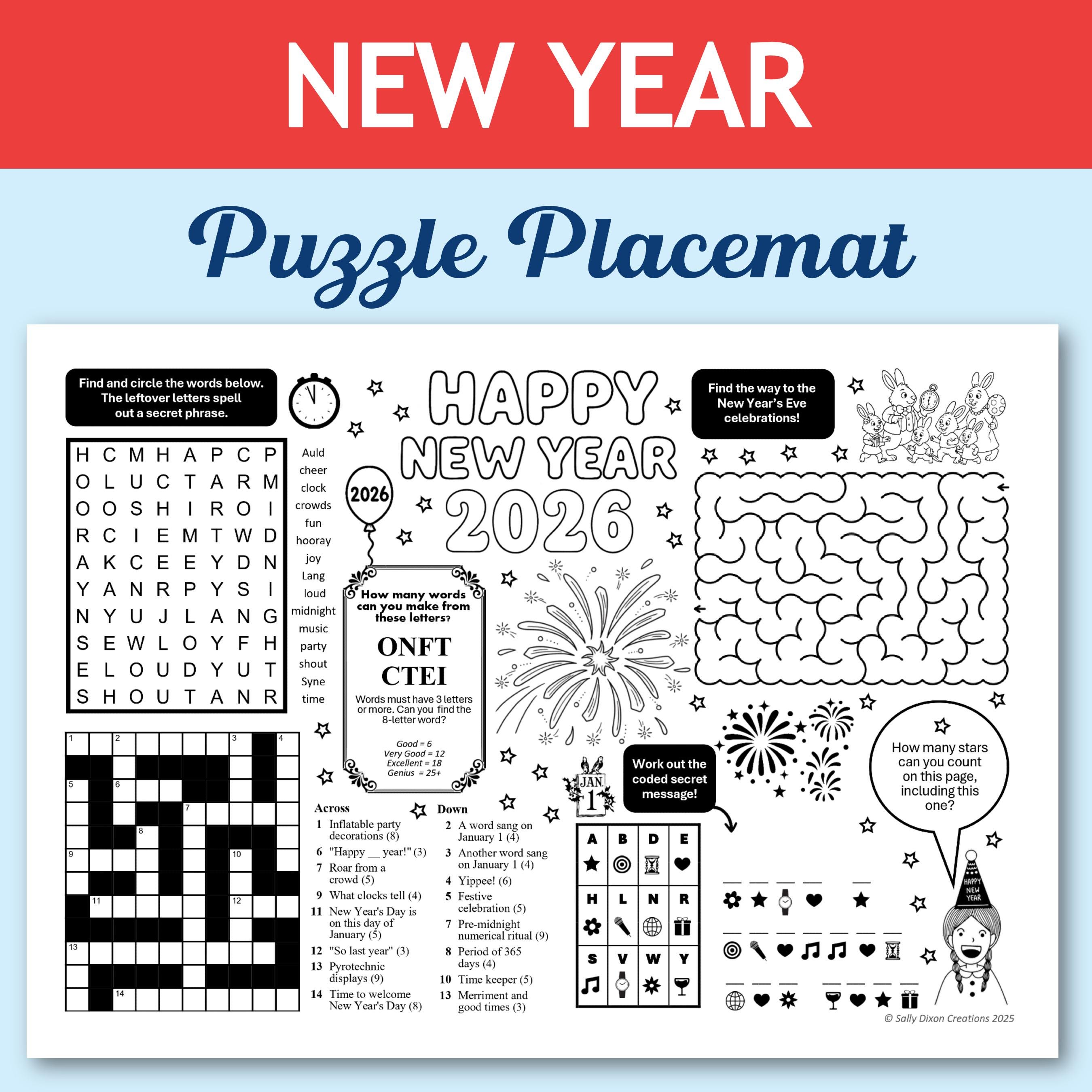 Set de table puzzle du Nouvel An | 2026 PDF imprimable | Mots croisés et feuille d'activités
