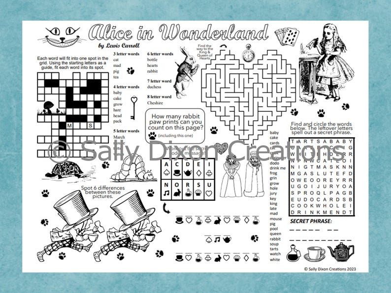 Op de afbeelding: Zwart-wit Alice in Wonderland activiteit placemat. Bevat een kruiswoordpuzzel, een doolhof, een woordzoeker en een zoek de verschillen spel. Met illustraties van de Cheshire Cat, White Rabbit en andere personages.