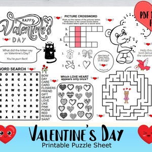 VALENTINE&#39;S DAY Puzzle Placemat, PDF,  crossword puzzles, Activity sheet, puzzle sheet, puzzle place mat, printable, puzzles